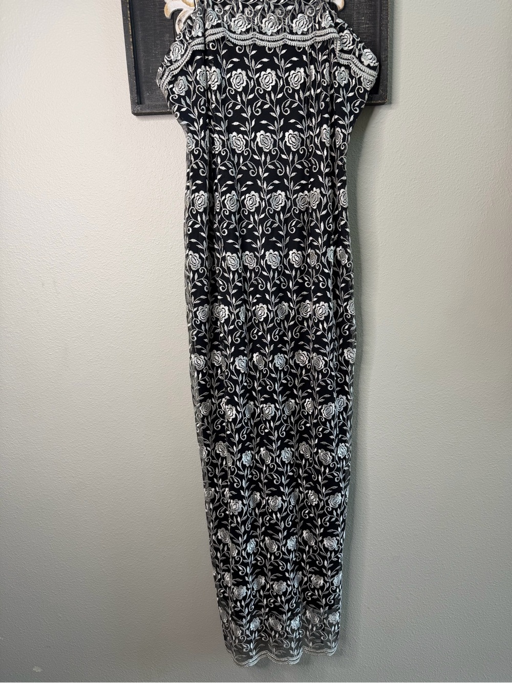 Vintage Floral Embroidered Black & White Maxi Dress with Double Spaghetti Straps